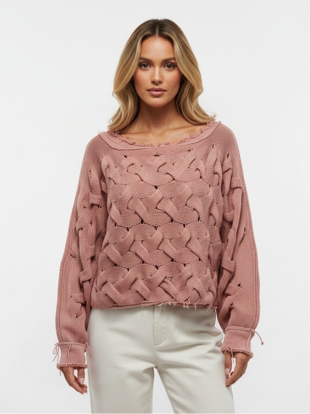 Free People Rosewood Open-Knit Distressed Crewneck Sweater - Coral